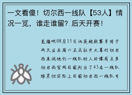 一文看傻！切尔西一线队【53人】情况一览，谁走谁留？后天开赛！