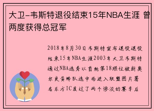 大卫-韦斯特退役结束15年NBA生涯 曾两度获得总冠军